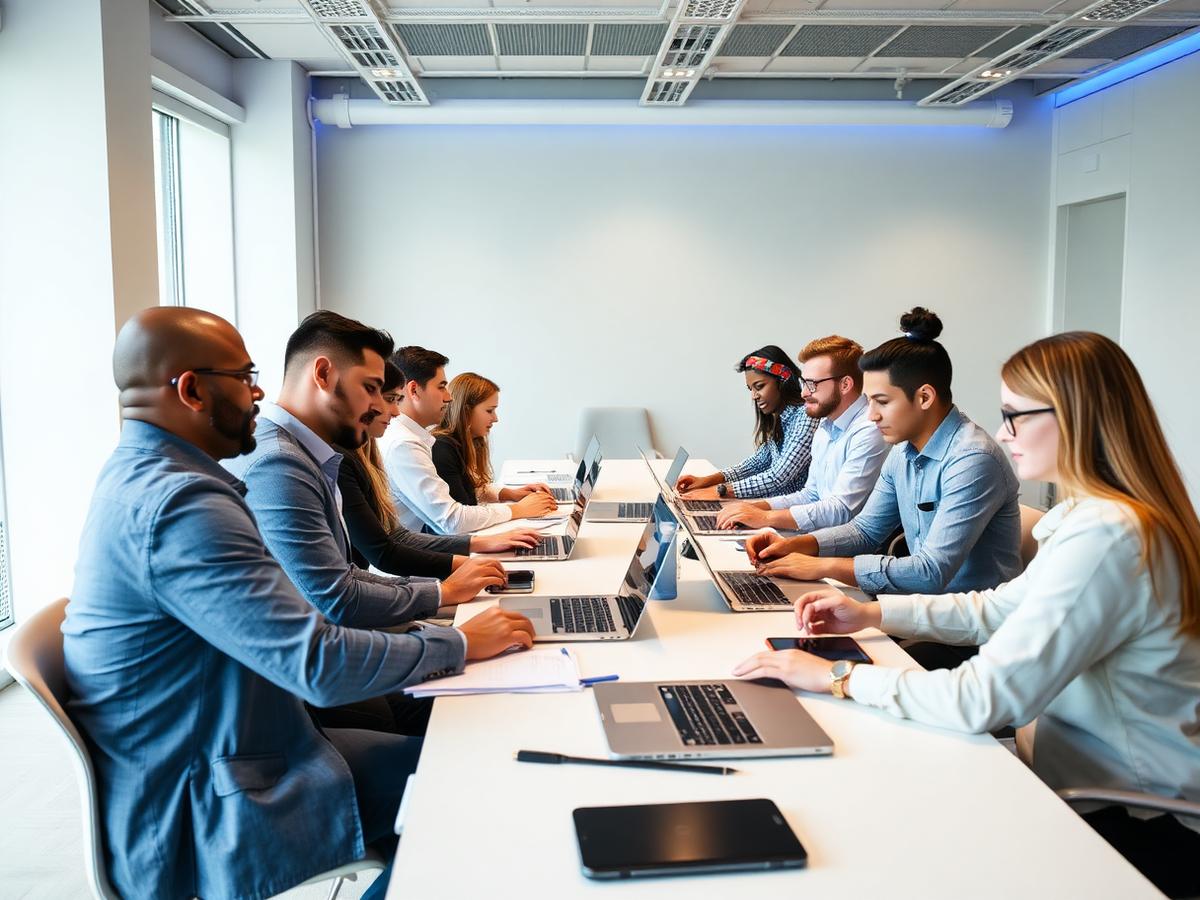 Líderes trabalhando com laptops em oficina prática de IA